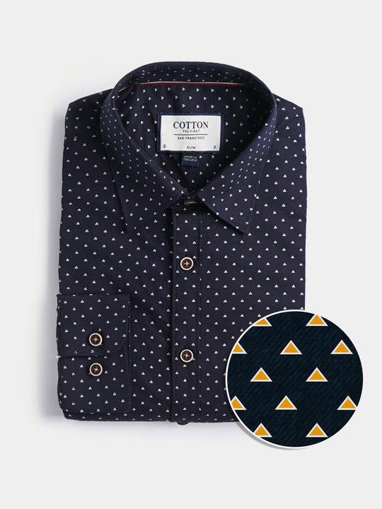 Cotton the First Slim Fit shirt. Shop local San Francisco style. Triangle print poplin, wood button, great details.