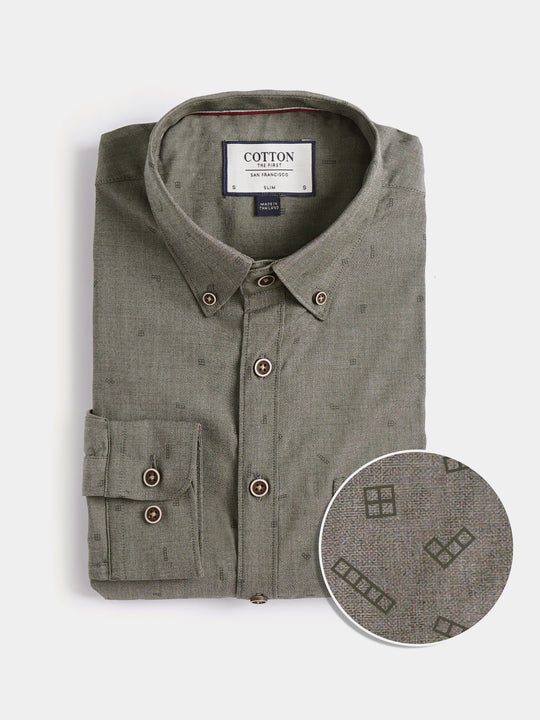 Cotton the First Slim Fit shirt. Shop local San Francisco style. Stretch tetris, fun print, performance fabric, with wood button