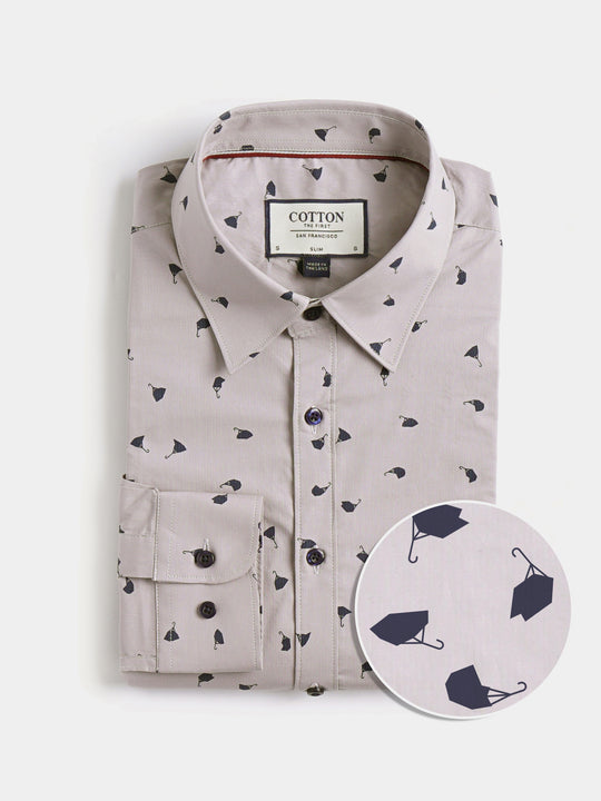 Cotton the First Slim Fit shirt. Shop local San Francisco style. Umbrella Swirl on poplin, fun print, with navy button