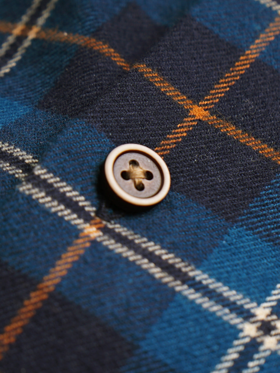 Cotton the First Slim Fit shirt. Shop local San Francisco style. Yellow accent on Blue Orange Plaid flannel wood button.