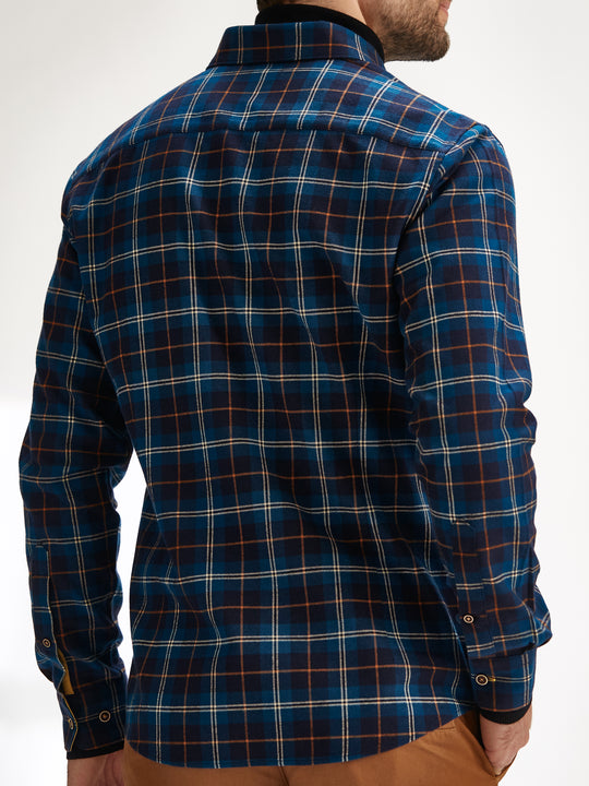 Cotton the First Slim Fit shirt. Shop local San Francisco style. Yellow accent on Blue Orange Plaid flannel wood button.