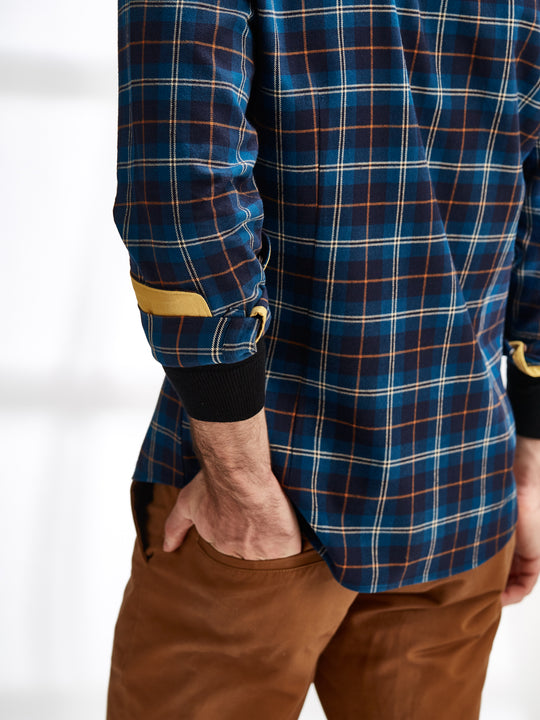Cotton the First Slim Fit shirt. Shop local San Francisco style. Yellow accent on Blue Orange Plaid flannel wood button.