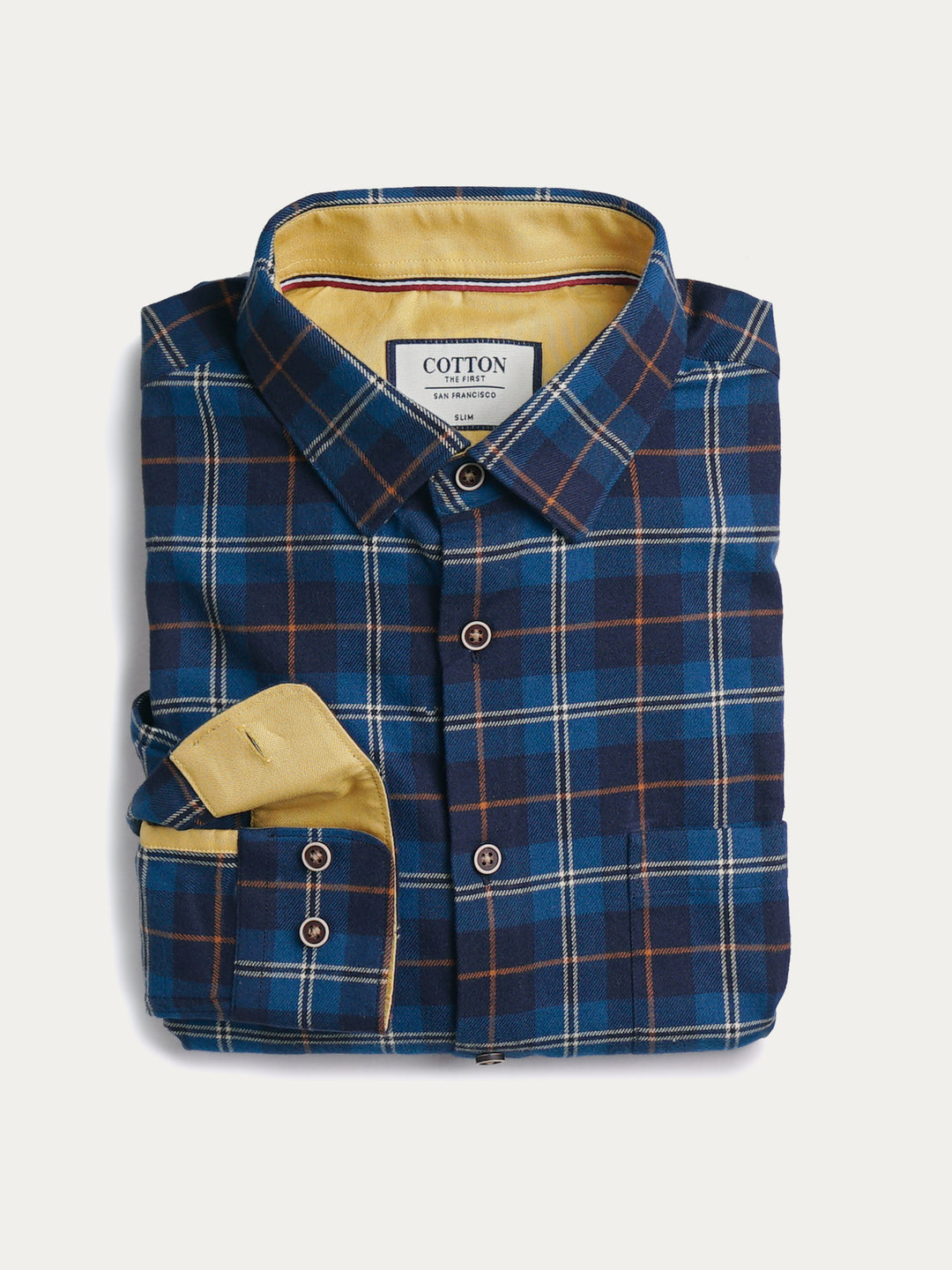 Cotton the First Slim Fit shirt. Shop local San Francisco style. Yellow accent on Blue Orange Plaid flannel wood button.