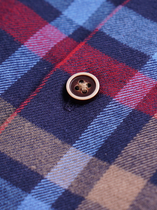 Cotton the First Slim Fit shirt. Shop local San Francisco style. Yellow accent on Red Blue Plaid flannel wood button.