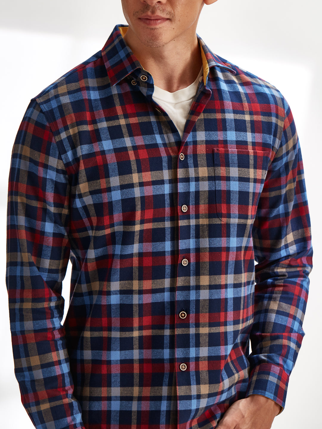 Cotton the First Slim Fit shirt. Shop local San Francisco style. Yellow accent on Red Blue Plaid flannel wood button.