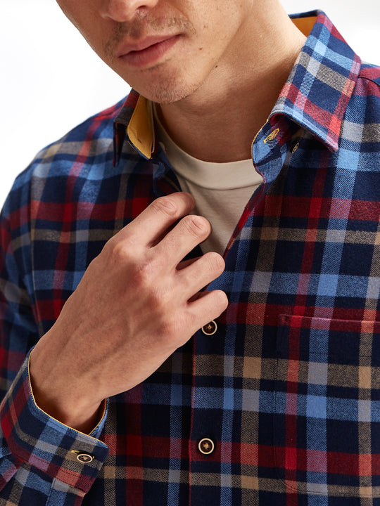 Cotton the First Slim Fit shirt. Shop local San Francisco style. Yellow accent on Red Blue Plaid flannel wood button.
