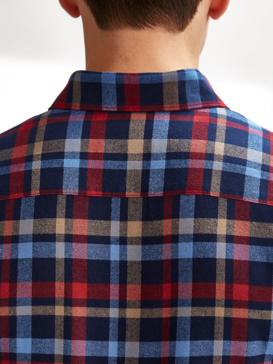 Cotton the First Slim Fit shirt. Shop local San Francisco style. Yellow accent on Red Blue Plaid flannel wood button.