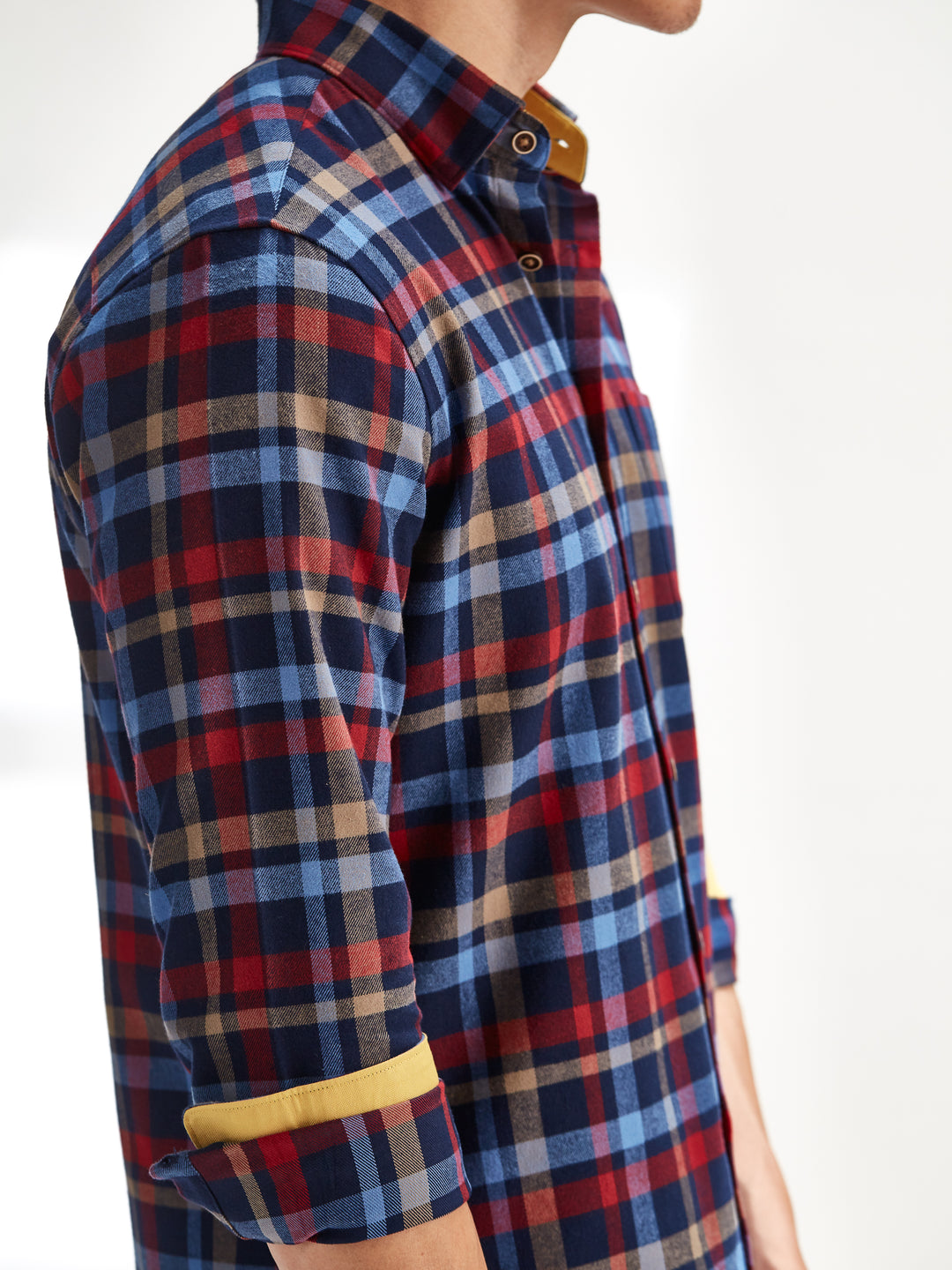 Cotton the First Slim Fit shirt. Shop local San Francisco style. Yellow accent on Red Blue Plaid flannel wood button.