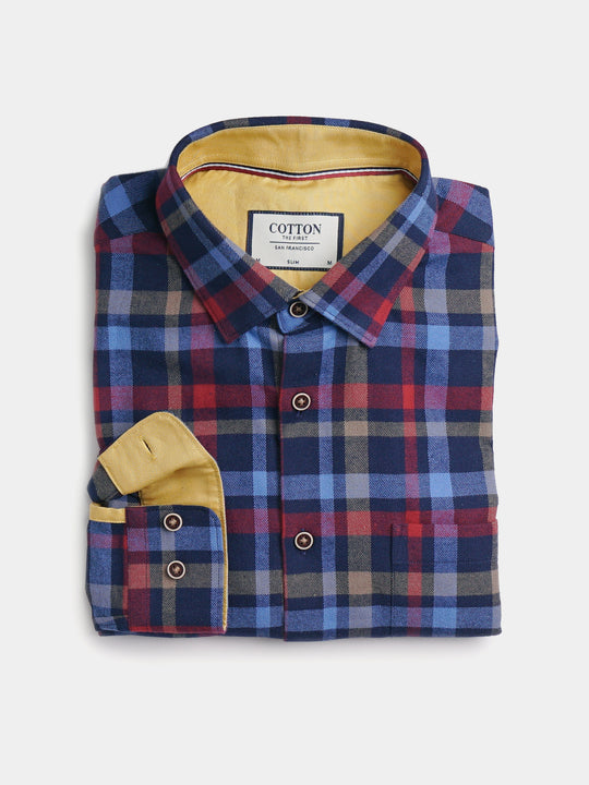 Cotton the First Slim Fit shirt. Shop local San Francisco style. Yellow accent on Red Blue Plaid flannel wood button.