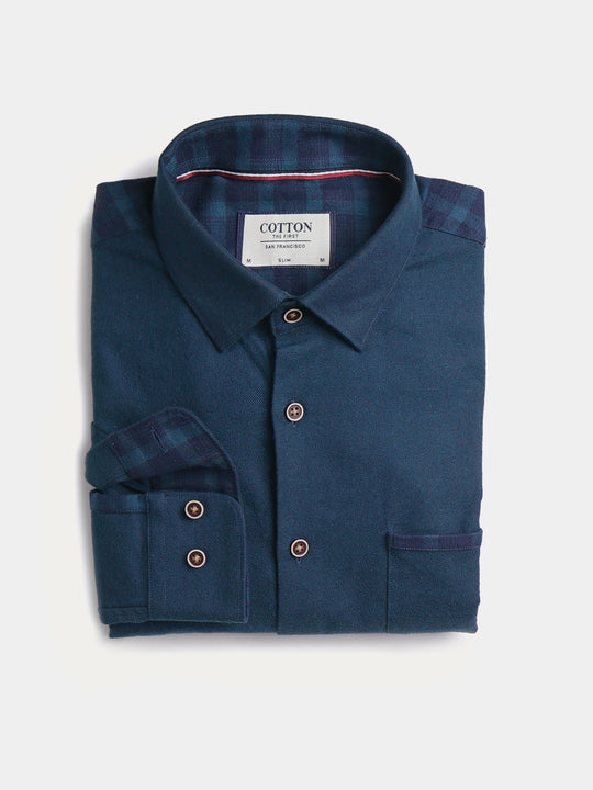 Cotton the First Slim Fit shirt. Shop local San Francisco style. Green flannel Plaid wood button, elbow patch