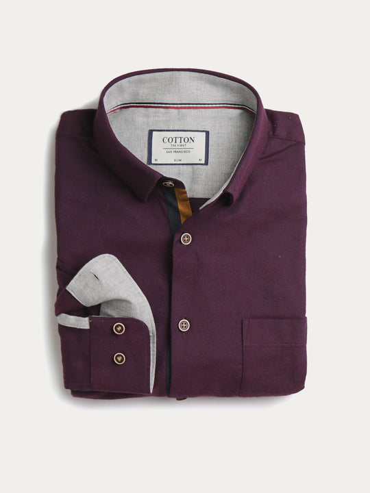 Cotton the First Slim Fit dress shirt. Shop local San Francisco style. Burgundy flannel wood button
