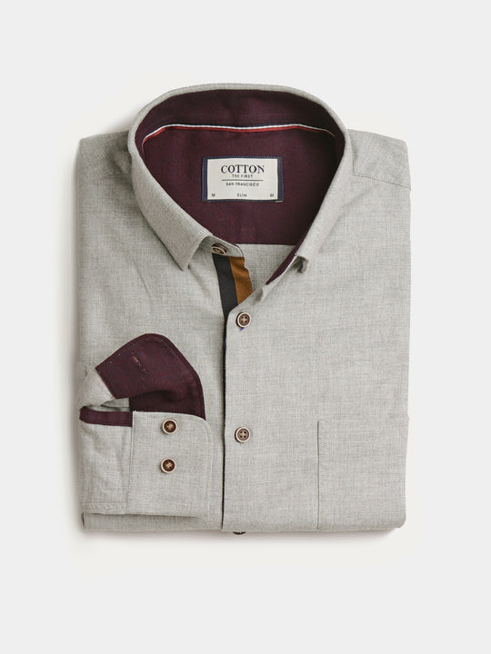 Cotton the First Slim Fit shirt. Shop local San Francisco style. Grey flannel wood button, blue orange trim.